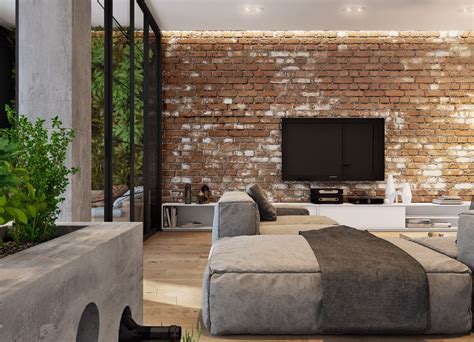 rusztikus téglafal egy modern nappaliban