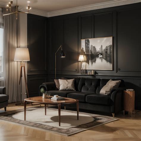 Modern nappali fekete laminált padlóval és fehér bútorokkal