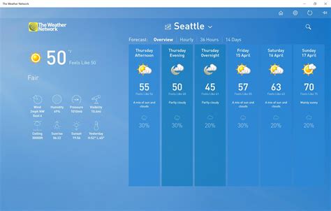 The Weather Network Windows 10 alkalmazás felület