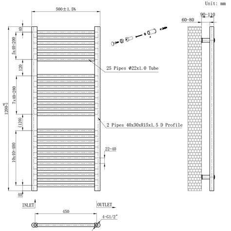 fehér egyenes törölközőszárító radiátor diagram