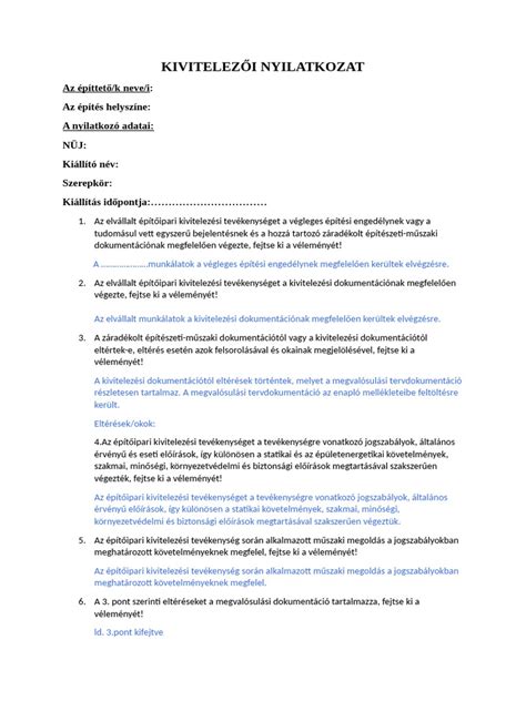 kivitelezői nyilatkozat ismertetése diagram