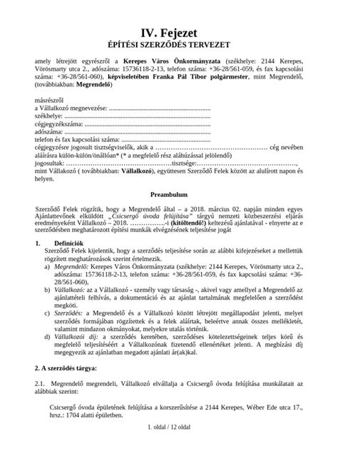 Építési szerződés mintapéldány